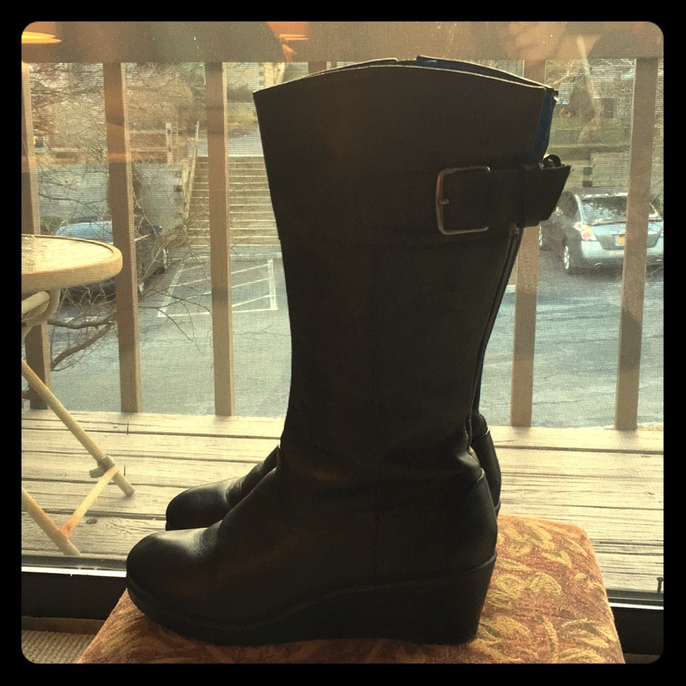 Crocs black leather wedge 2” heel boots